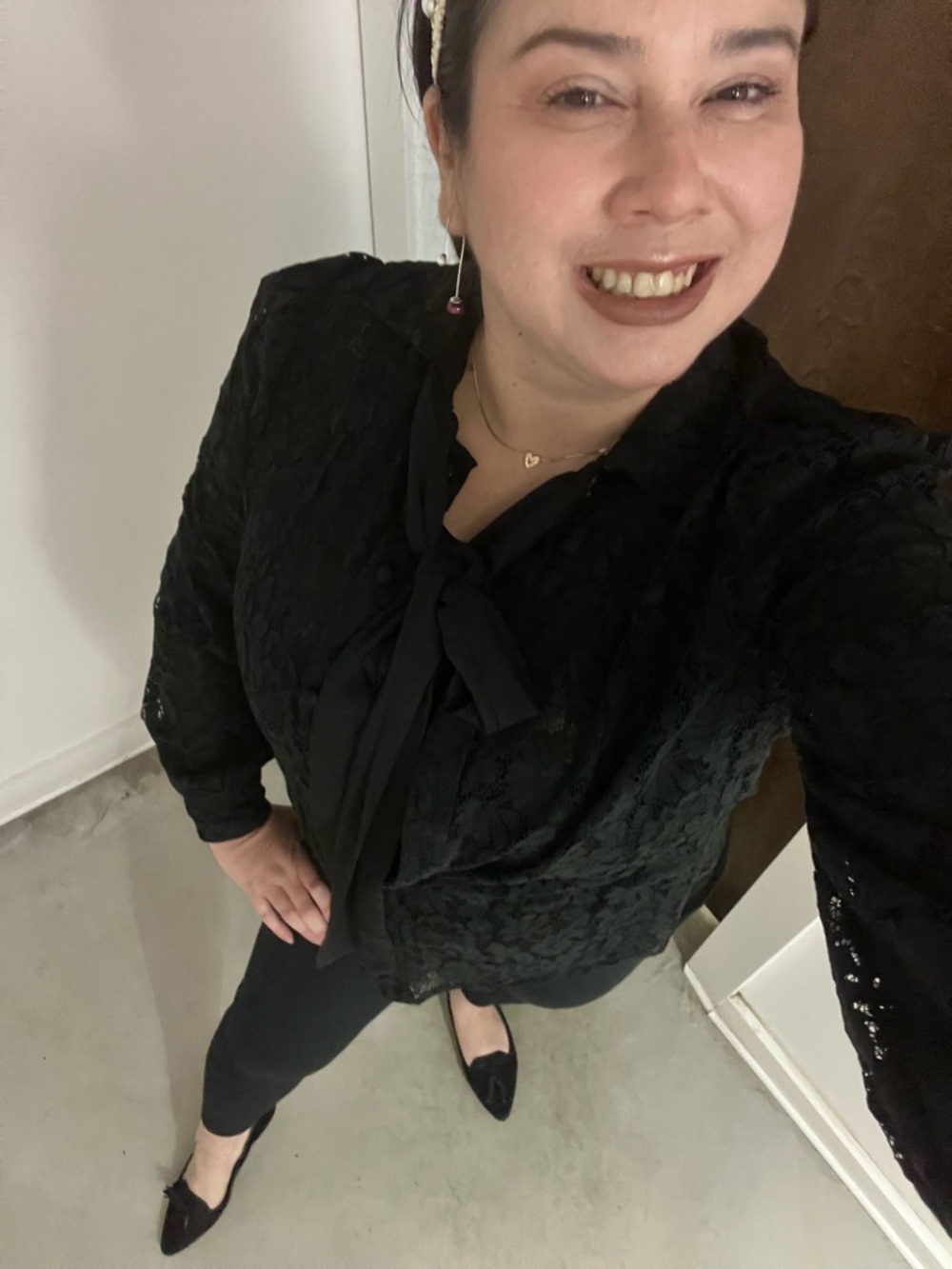 Luxury Style Black Lace Tie-Neck Blouse